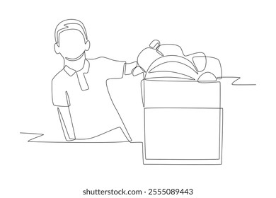 Little boy packing toys to donate. Organizing toy drives concept one-line drawing