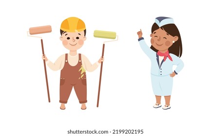 Little Boy with Paint Roller and Girl in Stewardess Uniform Representing Profession Vector Set