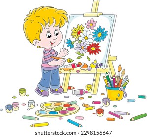 Little boy painter drawing a beautiful bouquet of summer flowers on his easel with a paintbrush, bright paints and color pencils, vector cartoon illustration isolated on white