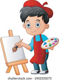 Little boy is painting with paintbrush illustration