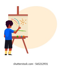 Little boy painting sun and rainbow on easel with his fingers, cartoon vector on background with place for text. Teenage boy standing and finger-painting, drawing, painting sun and rainbow on easel