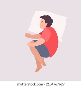 Little boy in pajama sleeping softly in his bed on pillow. View from above. Bedtime, sweet dreams kid concept trendy flat style vector illustration. Hand drawn cute character top view.