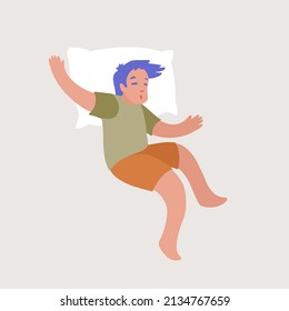 Little boy in pajama sleeping softly in his bed on pillow. View from above. Bedtime, sweet dreams kid concept trendy flat style vector illustration. Hand drawn cute character top view.