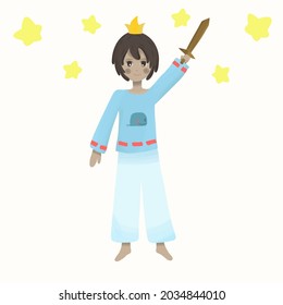 A little boy in pajamas before going to bed imagines himself as a prince with a wooden sword. Hand-drawn illustration.