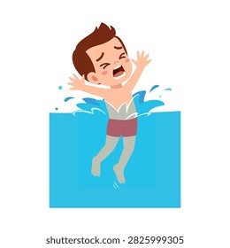 Little boy panicked and crying drowning in blue water with splashes arms raised and mouth open scared