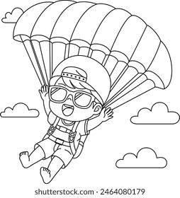 Little boy parachute coloring page for kids, summer outline illustration colouring page 