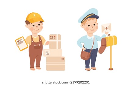 Little Boy with Parcels and Envelopes Representing Postman and Courier Profession Vector Set