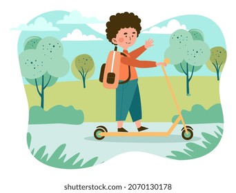 Little boy in park. Schoolboy resting after school. Teenager on two wheeled scooter. Leisure activities, walks in fresh air, outdoor, nature. Charcater riding. Cartoon flat vector illustration