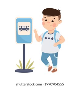 Señal de la ruta de aprendizaje peatonal Little Boy e Ilustración de vectores de reglas de tránsito
