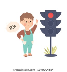 Little Boy Pedestrian Learning Road Sign And Traffic Rule Vector Illustration