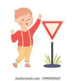 Little Boy Pedestrian Learning Road Sign and Traffic Rule Vector Illustration