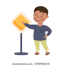 Señal de la ruta de aprendizaje peatonal Little Boy e Ilustración de vectores de reglas de tránsito