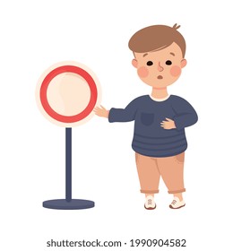 Little Boy Pedestrian Learning Road Sign and Traffic Rule Vector Illustration