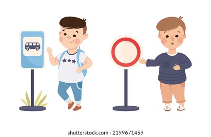 Little Boy Pedestrian Learning Road Sign and Traffic Rule Vector Illustration Set