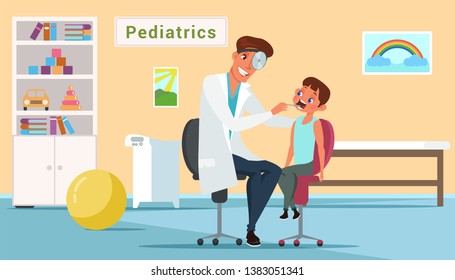 Little boy in pediatrics office flat illustration. Children medicine and healthcare. Male pediatrician examining kids throat. Otolaryngologist and patient cartoon characters. Hospital consulting room