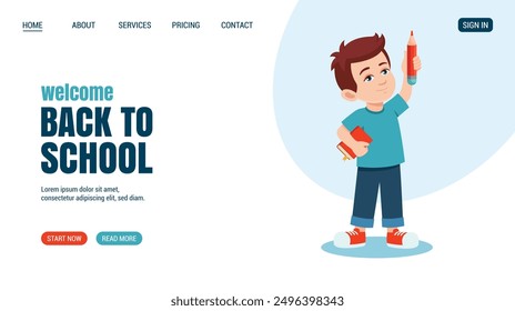 Little boy with pencil and book. Education, knowledge, student concept website, web page design. Vector illustration.