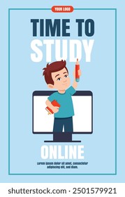 Little boy with pencil and book on computer monitor. Education, student concept Flyer design. Vector illustration.