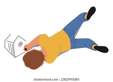 Little Boy with Pencil Enjoy Drawing Recreation. Kid Painting, Baby Character Create Pictures Lying on Floor Top View, Child Creativity Isolated on White Background. Cartoon People Vector Illustration