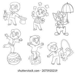 Little boy performs different circus tricks. Clown. Juggler. Magician. Acrobat. Animal trainer. Cartoon characters. Funny vector illustration. Isolated on white background. Coloring book. Set