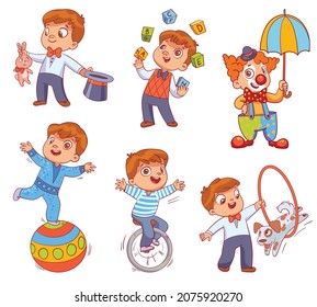 Little boy performs different circus tricks. Clown. Juggler. Magician. Acrobat. Animal trainer. Colorful cartoon characters. Funny vector illustration. Isolated on white background. Set