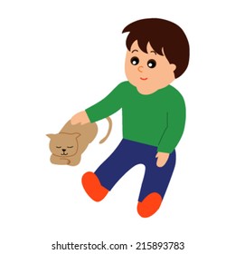 A little boy petting a cat, vector illustration