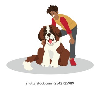 Little boy petting a Saint Bernard dog. Cartoon People Vector Illustration.