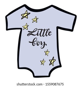 Little boy phrase as a print on a purple bodysuit. Baby shower boy invitation with hand drawn lettering and stars . Template for birthday party card. Vector illustration.