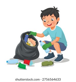 Little boy picking up plastic bottles into trash bag for recycling