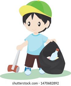 Little Boy Picking up Trash