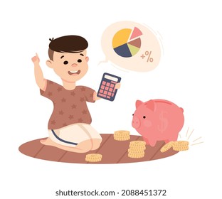 Little Boy with Piggy Bank Calculating Coins Engaged in Economic Education and Financial Literacy Learning Saving and Investing Money Vector Illustration
