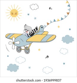 Little Boy Pilot in Airplane vector illustration. Aviator Birthday Party design. Cute cartoon boy kid character fly in retro plane in sunny sky.