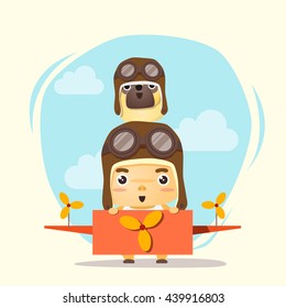 Little boy pilot and friend , vector, illustration