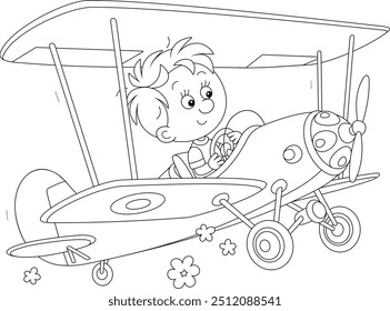 Little boy piloting a big toy plane on a playground in a park, black and white vector cartoon illustration on a white background