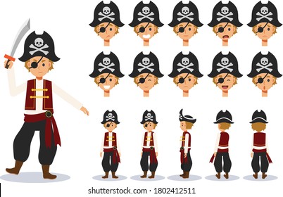 Little Boy in Pirate costume for Halloween festival.trick or treat. Front, side, back view animated character.Vector Character creation set with various views, Cartoon style, flat vector illustration.