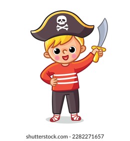 Un niño vestido de pirata juega con una espada en la mano. Ilustración vectorial en estilo de caricatura sobre un tema pirata.