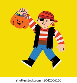 Little boy in pirate costume with pumpkin basket for Trick or Treat on white background. Happy Halloween Concept. 