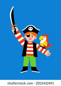 Little boy in pirate costume with pumpkin basket for Trick or Treat on white background. Happy Halloween Concept. 