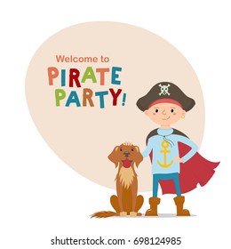 Little boy in pirate hat and cape standing with labrador dog and space for text cartoon vector illustration isolated on white background. Kid boy dressed as pirate, full length portrait with brown dog