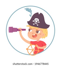 Little Boy As Pirate Having Adventure. Cute Child Sailing, Looking In Spyglass, Holding Steering Wheel Vector Illustration. Kid As Captain On White Background In Round Frame.