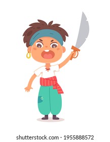 Little boy as pirate having adventure. Cute child holding sword in hand vector illustration. Kid with headband isolated on white background.