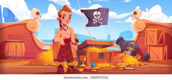 Little boy pirate stands on wooden deck of ship with treasure chest and pile of golden coins and jewelry, cannon and black flag with skull in open sea. Cartoon vector illustration of corsair with kid.