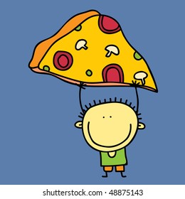 little boy and pizza cute fast rapid kid child food small dancing size tiny youth smiling boy grinning caricature nurture laughter laugh painting grin optimistic infant comic image joy precious illust