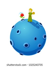 Little Boy Planet and Flower Vectoral Illustration. White Background Isolated.