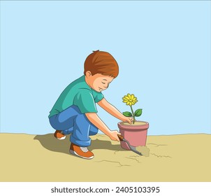 Little boy planting a sapling in a pot vector illustration