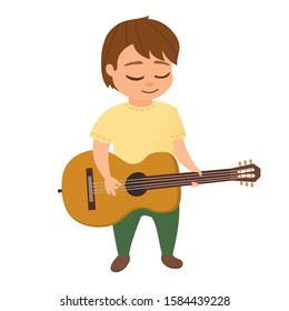 Little boy play the acoustic guitar or ukulele. Children playing and sings the guitar or ukulele, hawaiian guitar. Isolated on white. Cartoon vector illustration.