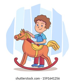 Little boy play combing toy rocking horse mane. Preschooler child and entertainment leisure. Cheerful cartoon kid character. Elementary grade. Happy childhood activity, playtime. Vector illustration