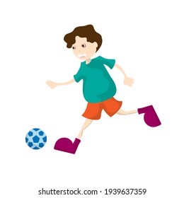 Little boy play football isolated on background. Vector illustration in cartoon character flat style