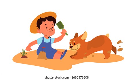 Little boy play with his dog. Happy kid and pet spend time together on the beach. Friendship between animal and child. Isolated vector illustration in cartoon style