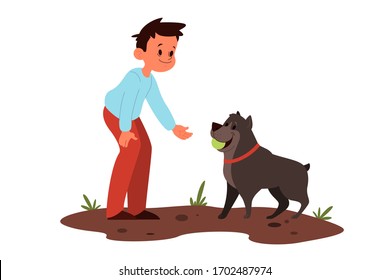 Little boy play with hisr dog. Happy kid and pet spend time together in the garden. Friendship between animal and child. Isolated vector illustration in cartoon style