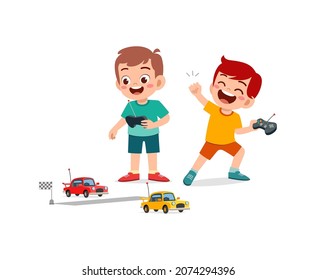 little boy play with remote control toy car with friend